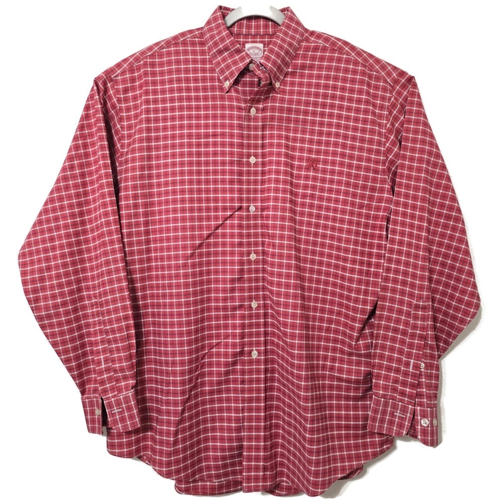 Brooks Brothers Shirt‎ Mens Large Red Check Non Iron Supima Cotton Button Down